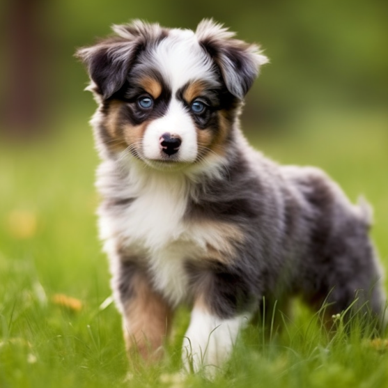 blue eyes Aussiechon puppy on grass